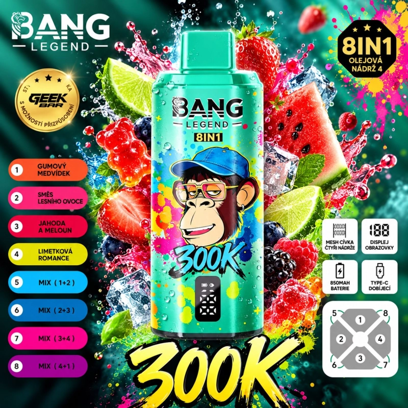 Dvě barevné varianty BANG LEGEND 300K 8v1 — 300 000 pufků, 80 ml olejová nádrž, USB-C