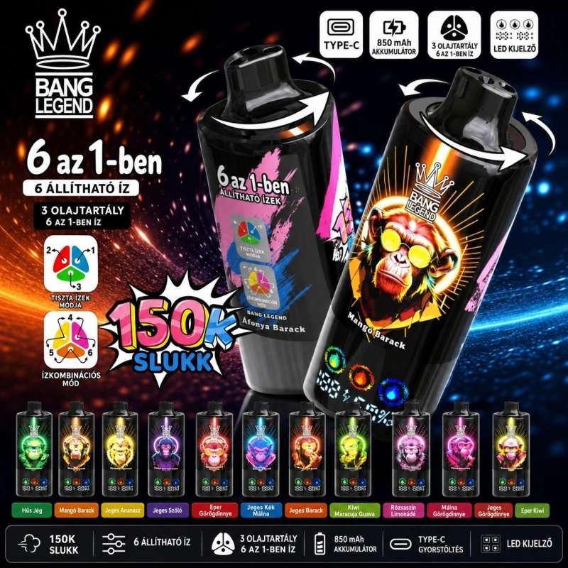Bang Legend 6 az 1-ben 150000 slukk eldobható vape, vegyes gyümölcs