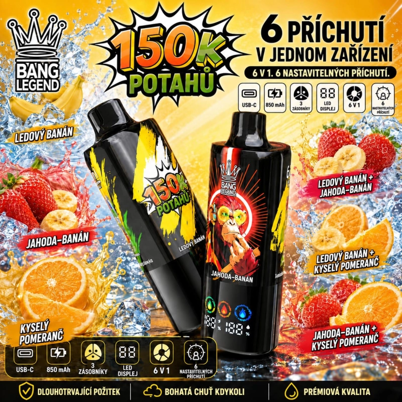 Bang Legend 150K 6 v 1 – ledový banán, jahoda s banánem a citron s limetkou