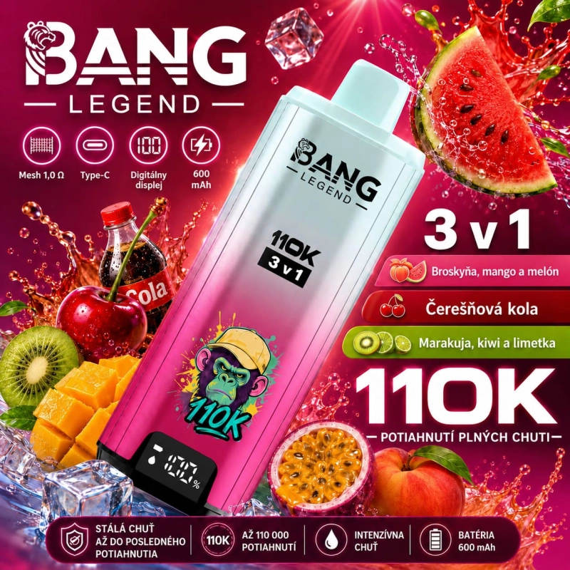 Bang Legend 110K Jednorazový Vape Broskyňa mango melón čerešňová kola marakuja kiwi citrón