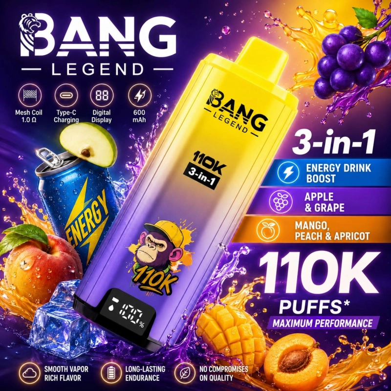 Bang Legend 110K 3-in-1 disposable vape – Peach Mango Watermelon, Cherry Cola and Passion Fruit Kiwi Lime flavor set