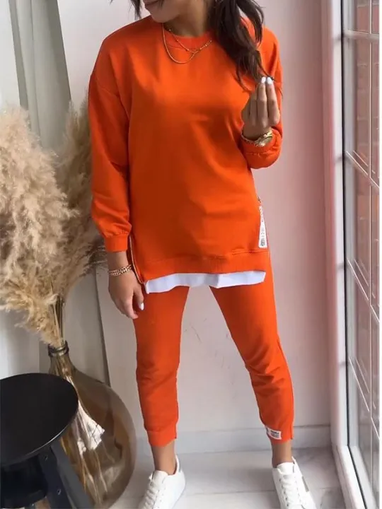 Conjunto de senhora patchwork simulado de duas peças top e calças de fato de treino