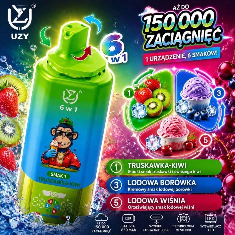 UZY 150K 6w1 jednorazowy e-papieros – truskawka z kiwi, lód borówkowy i lód wiśniowy