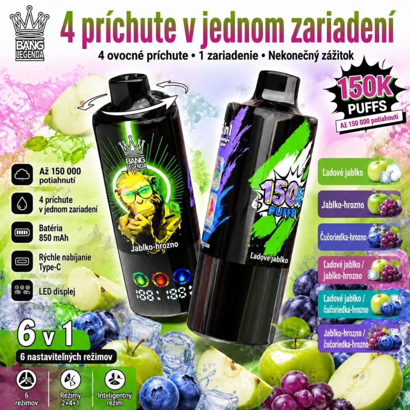 Bang Legend 150K 6v1 – príchute ľadové jablko, jablko-hrozno a čučoriedka-hrozno