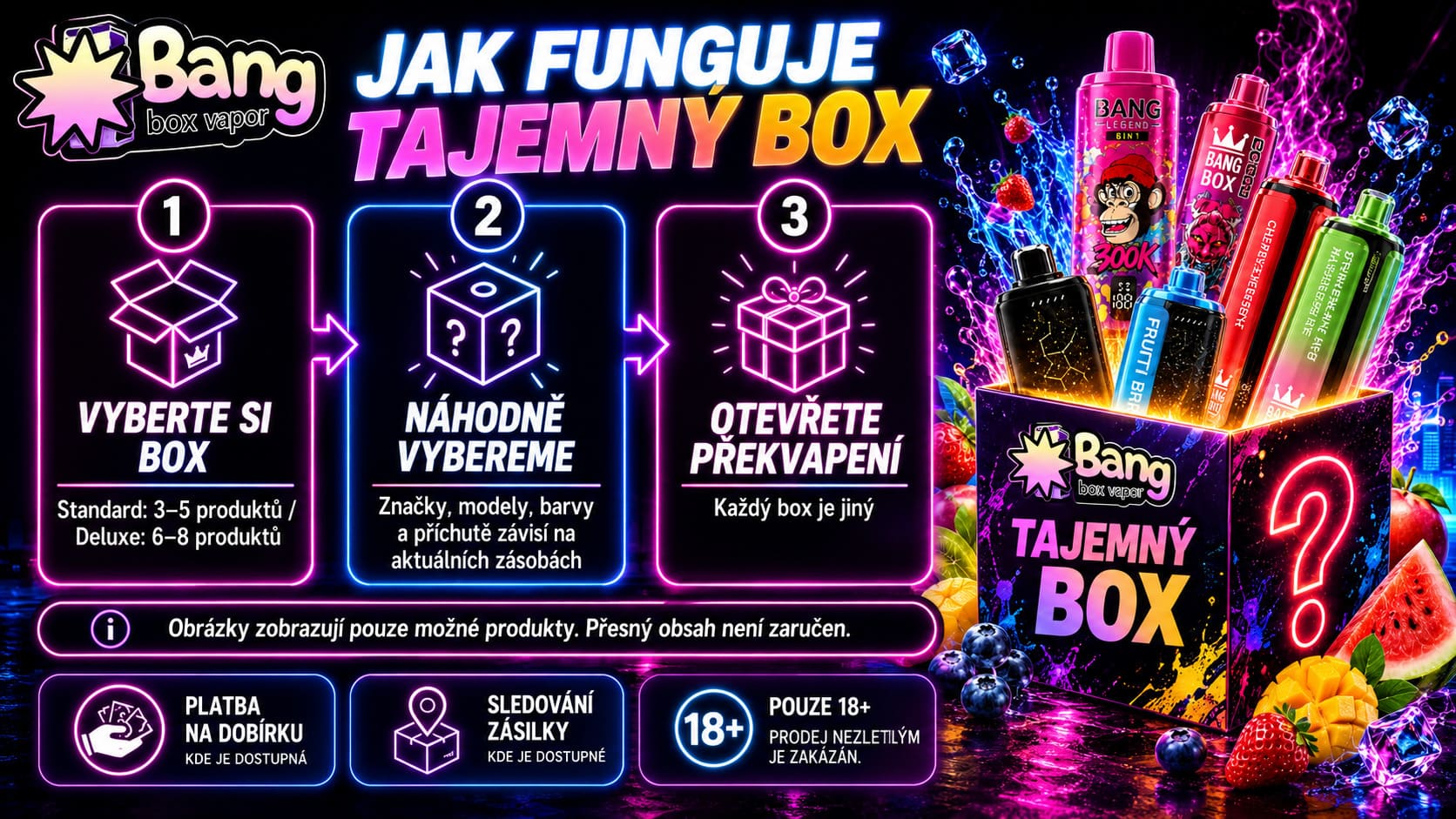 Jak funguje Bangbox-Vapor Mystery Box s náhodným výběrem značek, modelů, barev a příchutí