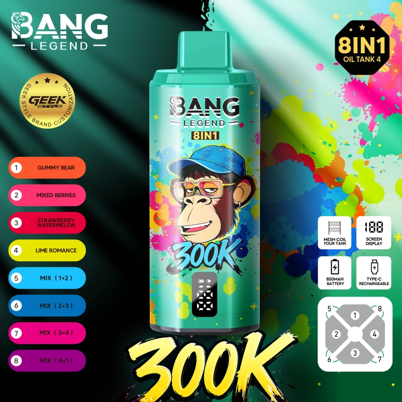 Bang Legend 300K 8-in-1 Flavors Disposable Vape – Több ízű, 300 000 szippantásos élmény11. gyümölcsös rágógumi+áfonya őszibarack jég+sárgadinnye alma+eper banán