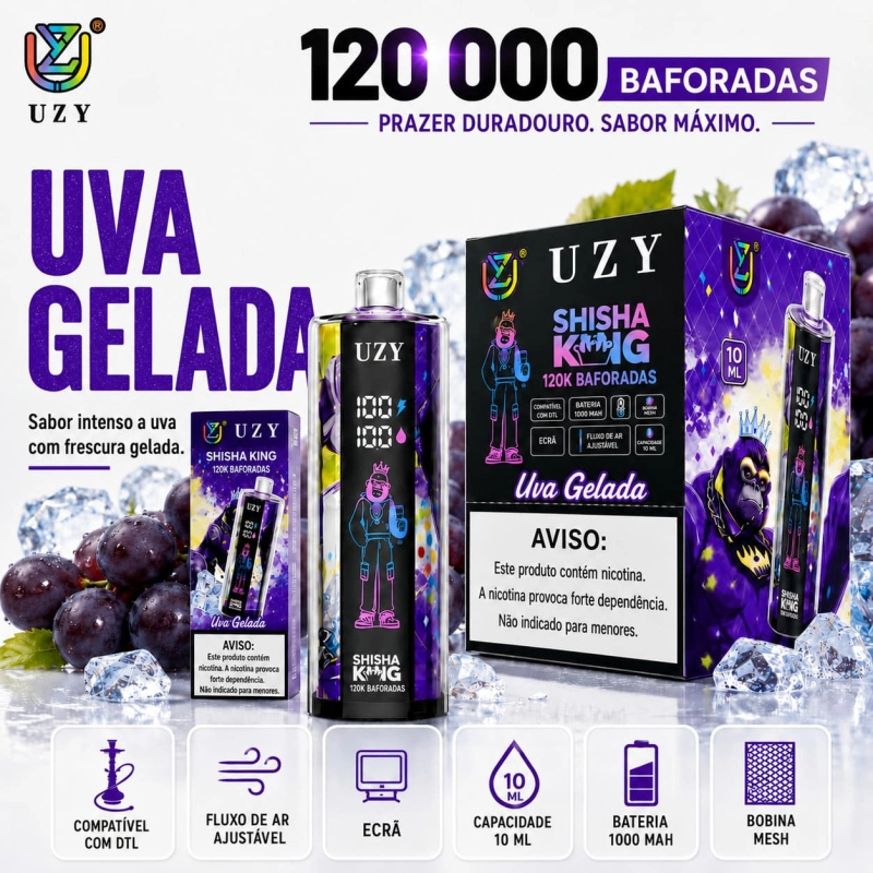 UZY Shisha King 120K sabor Uva Gelada com sabor intenso e refrescante