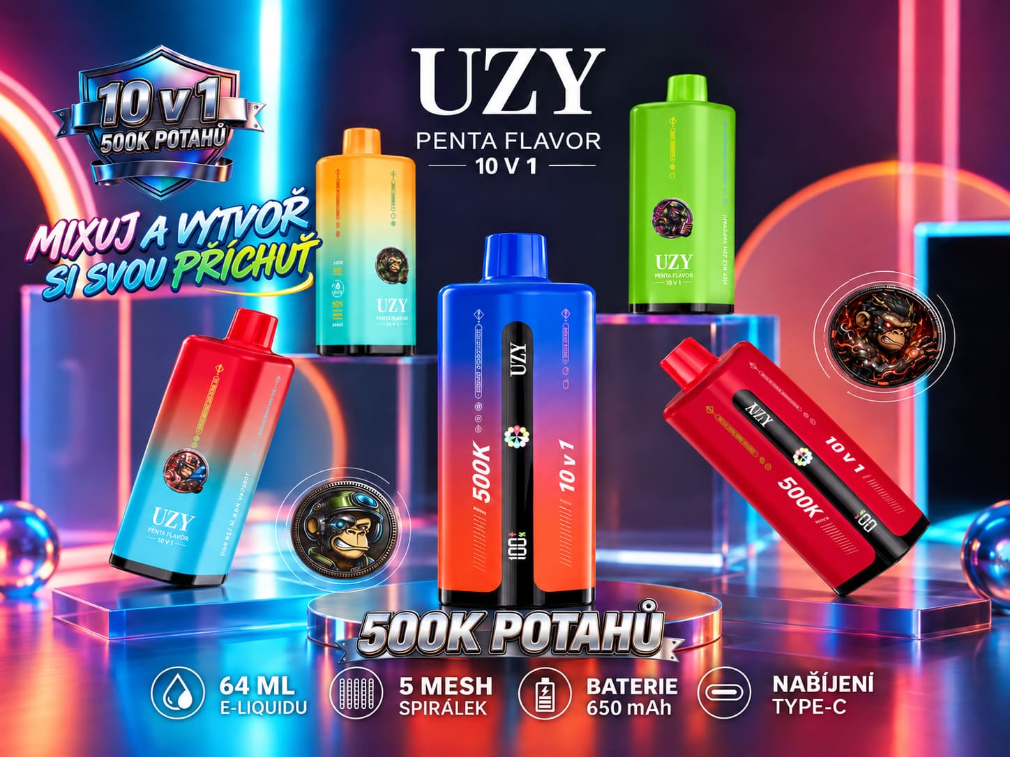 UZY Penta Flavor 10 in 1 vape zařízení s LED displejem a dobíjecí baterií