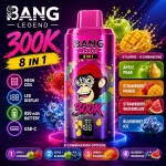 Bang Legend 300K 8-in-1 rechargeable disposable vape with LED display, USB-C charging and four flavor tanks
