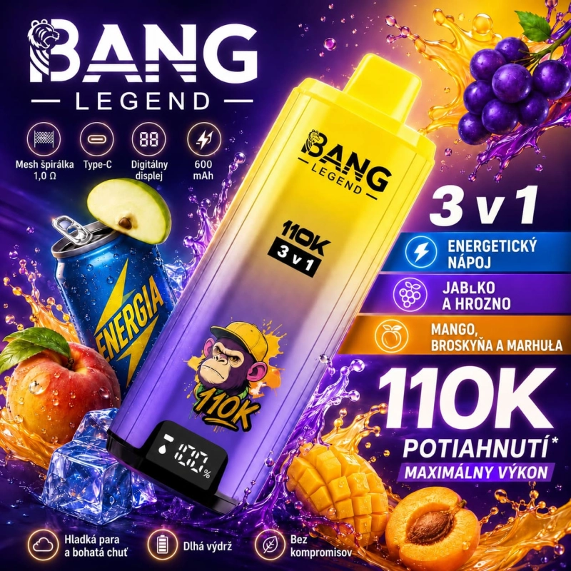 Bang Legend 110K Nabíjateľný Vape Energetický nápoj jablko hrozno mango broskyňa marhuľa