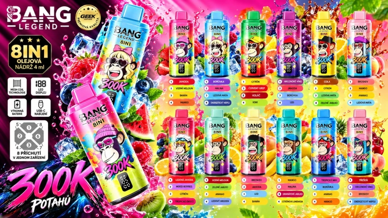 BANG LEGEND 300K 8v1 — jednorázová vape s 300 000 pufky, balení a krabička s příchutěmi