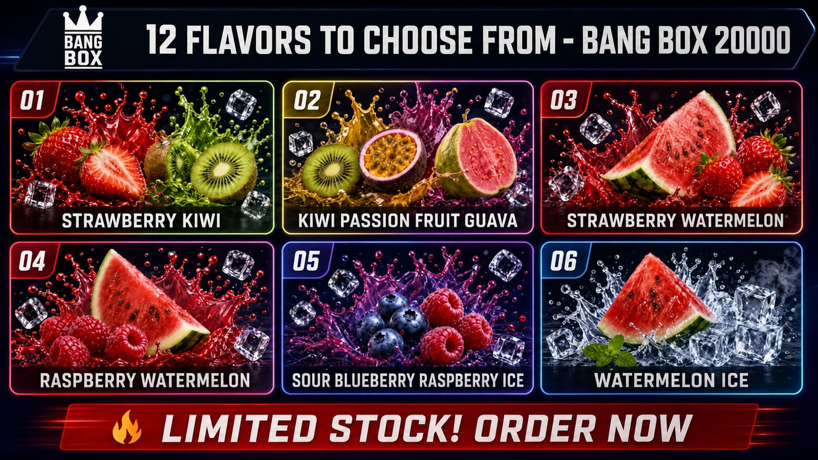Bang Box 20000 Puffs flavors 1–6 featuring Strawberry Kiwi, Kiwi Passion Fruit Guava, Strawberry Watermelon and iced fruit flavors