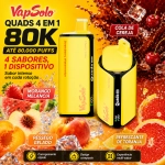 VapSolo Quads 80.000 Puffs vape sabor morango melancia, cherry cola, pêssego gelo e toranja refrescante