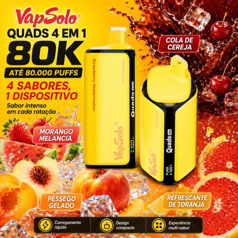 VapSolo Quads 80.000 Puffs vape sabor morango melancia, cherry cola, pêssego gelo e toranja refrescante
