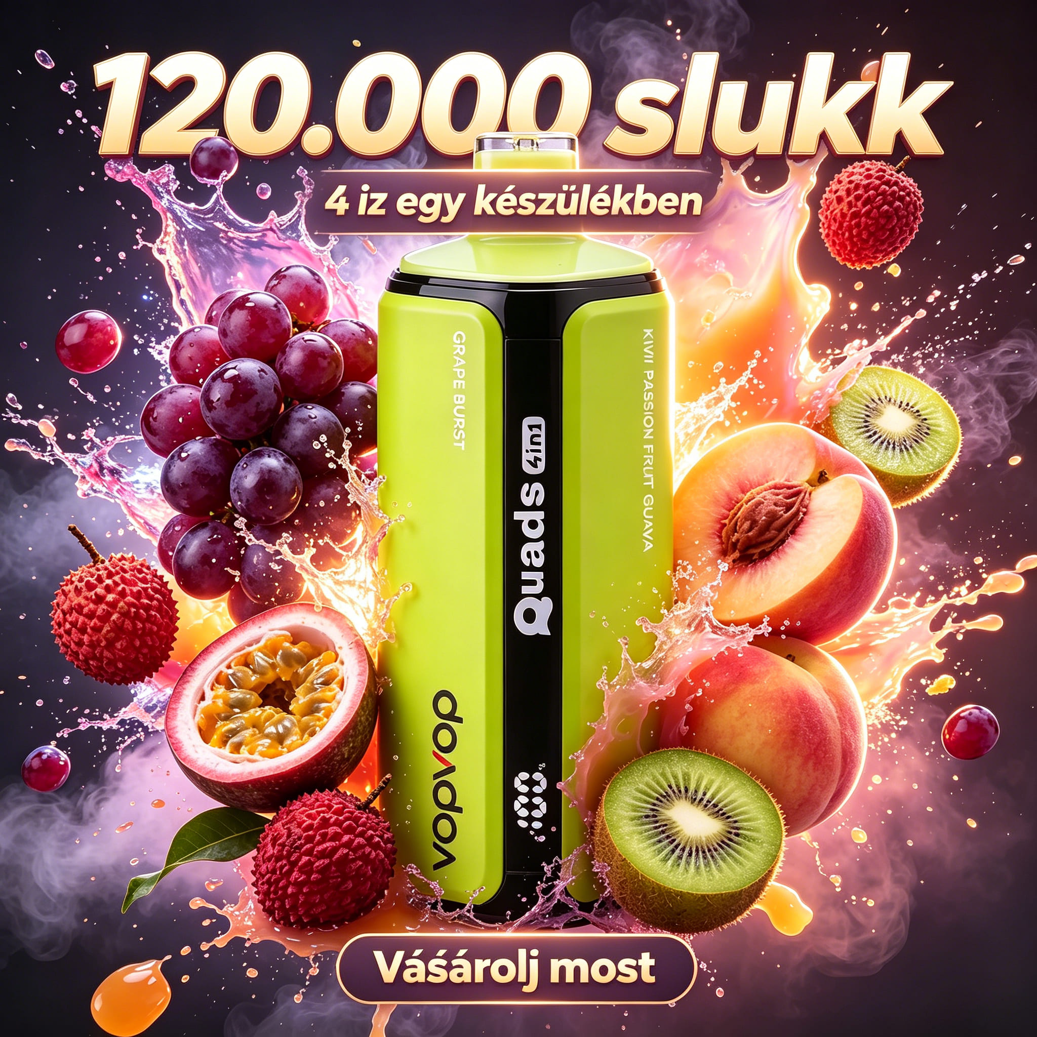 120k 4in18.GRAPE BURST & LYCHEE ICE & PEACH BERRY & KIWI PASSION FRUIT GUAVA