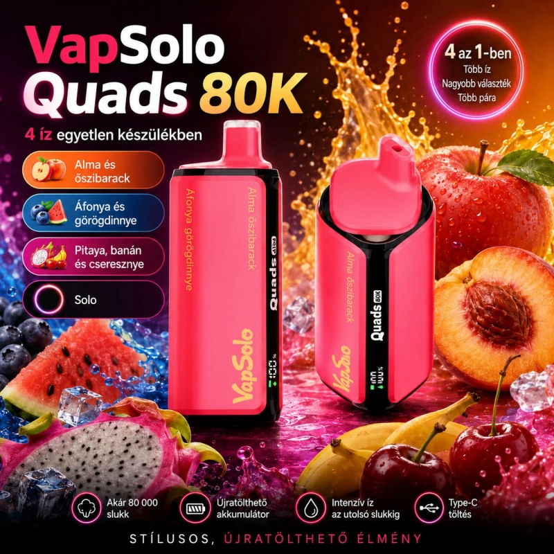 Vapsolo Quads 80K 4 az 1-ben eldobható vape – alma-barack, áfonya-görögdinnye, pitaja-banán-cseresznye és Solo ízek
