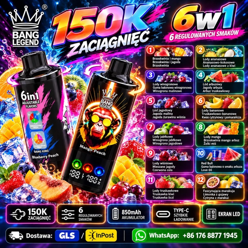Bang Legend 150K 6w1 – 150 000 Zaciągnięć, 12 Kombinacji Smakowych