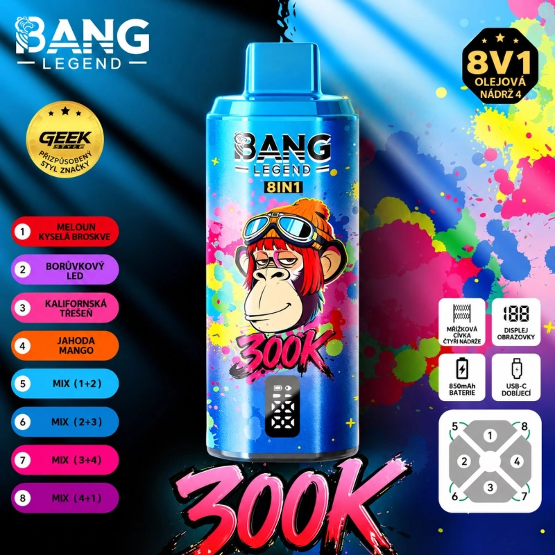 Tyrkysová BANG LEGEND 300K 8v1 s příchutěmi Gumový Medvídek, Směs Lesního Ovoce a Jahoda a Meloun