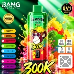 Modrá jednorázová vape BANG LEGEND 300K 8v1 s příchutěmi Marakuja Mango, Broskev Ananas a Borůvka Malina