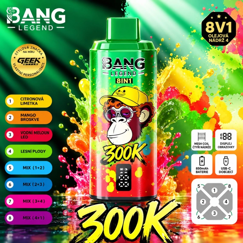 Modrá jednorázová vape BANG LEGEND 300K 8v1 s příchutěmi Marakuja Mango, Broskev Ananas a Borůvka Malina