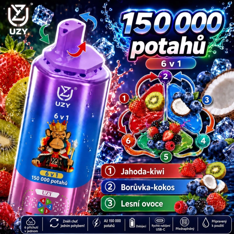 UZY 150K 6v1 jednorázová e-cigareta – Jahoda s kiwi, Borůvka s kokosem, Lesní plody