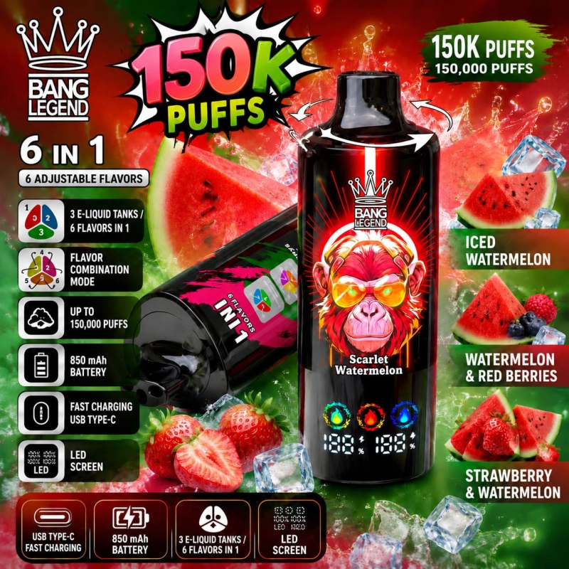 Bang Legend 150K vape Melon Ice Strawberry and Tropical Fruit mixed flavors