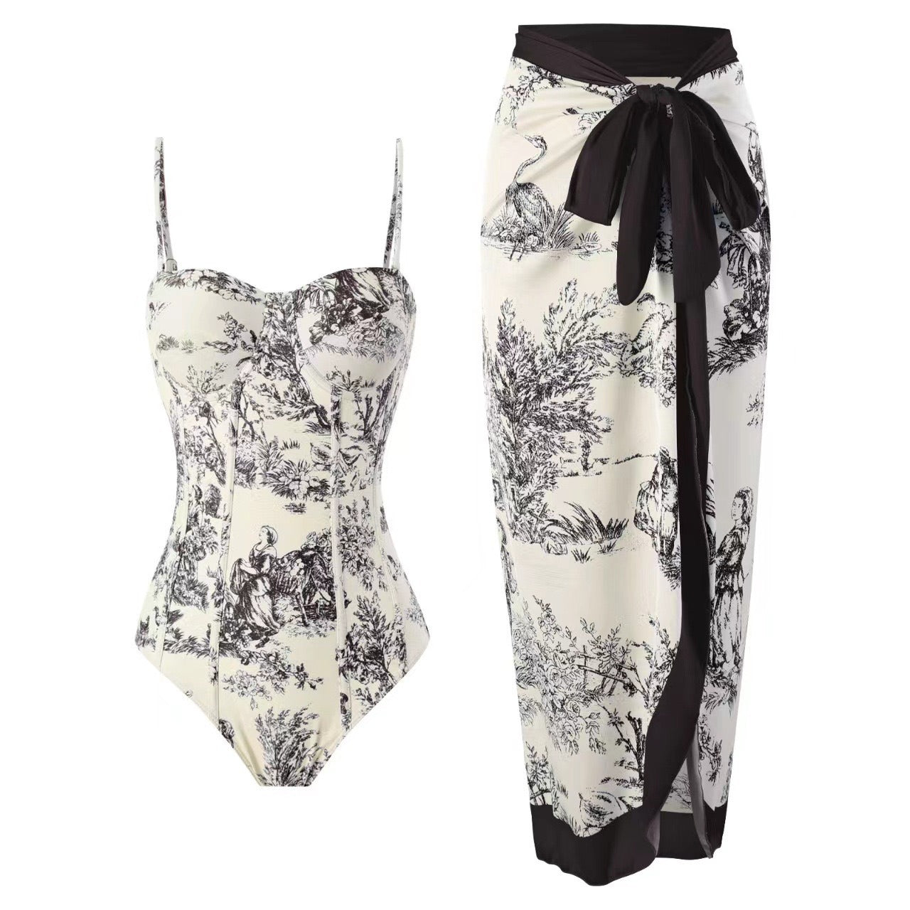 💥 Special offer: 50% off 💥 V-neck lace-up printed one-piece swimsuit with skirt