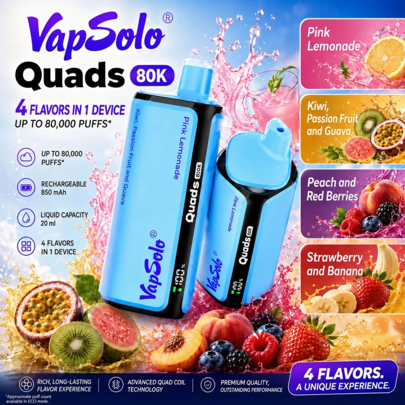 VapSolo Quads 80K 4 in 1 vape Strawberry Mango Blue Raspberry Lemonade Iced Vanilla Sour Red Berries flavors