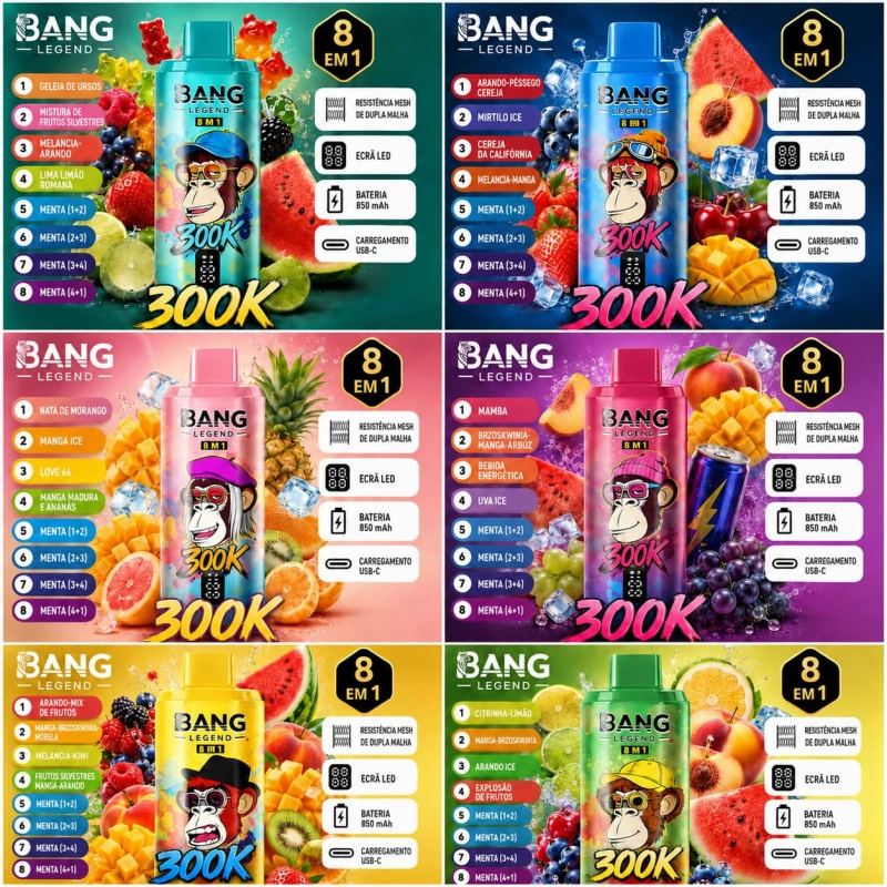 Sabores Bang Legend 300K 8 em 1 com 12 combinações de fruta, opções geladas e misturas disponíveis