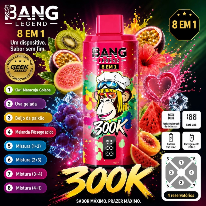 Bang Legend 300K 8 em 1 com Kiwi, Maracujá, Goiaba, Uva Gelada, Beijo da Paixão, Melancia e Pêssego Ácido