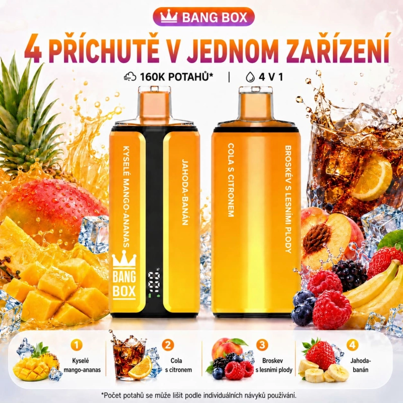 Bang Box 160 000 potahů 4v1 – Jahodové mango, jahodová vanilková cola, Blue Razz Ice a jahodové kiwi