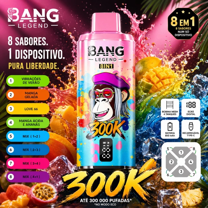 Bang Legend 8 em 1 300000 Puxadas Vape Descartável, 8 Sabores