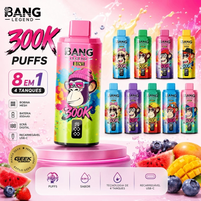 Bang Legend 300K 300000 Puffs Vape Descartável, Cores e Sabores Variados