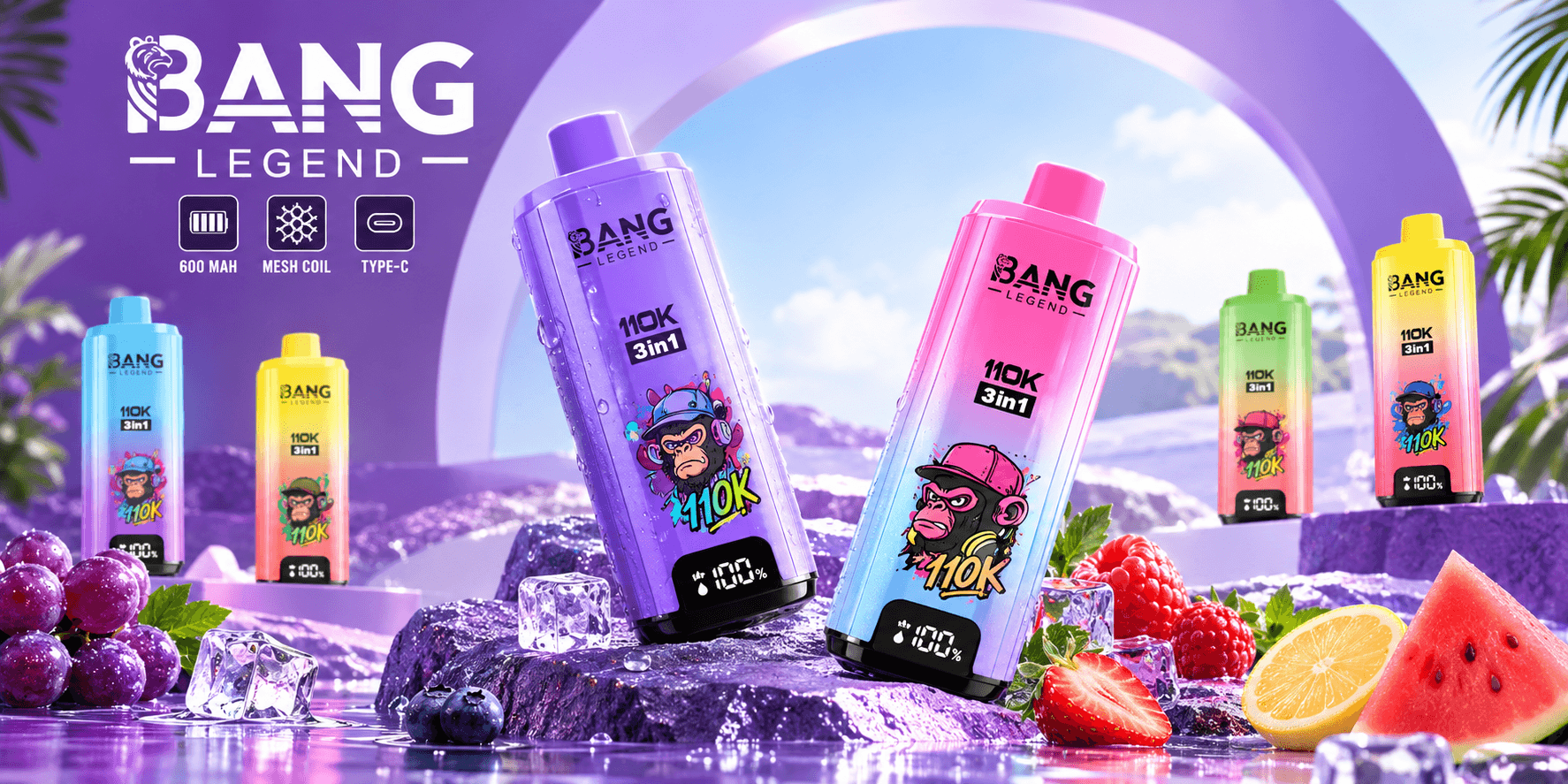 Bang Legend 110K 3-em-1 com sabores de melancia, kiwi, goiaba e maracujá