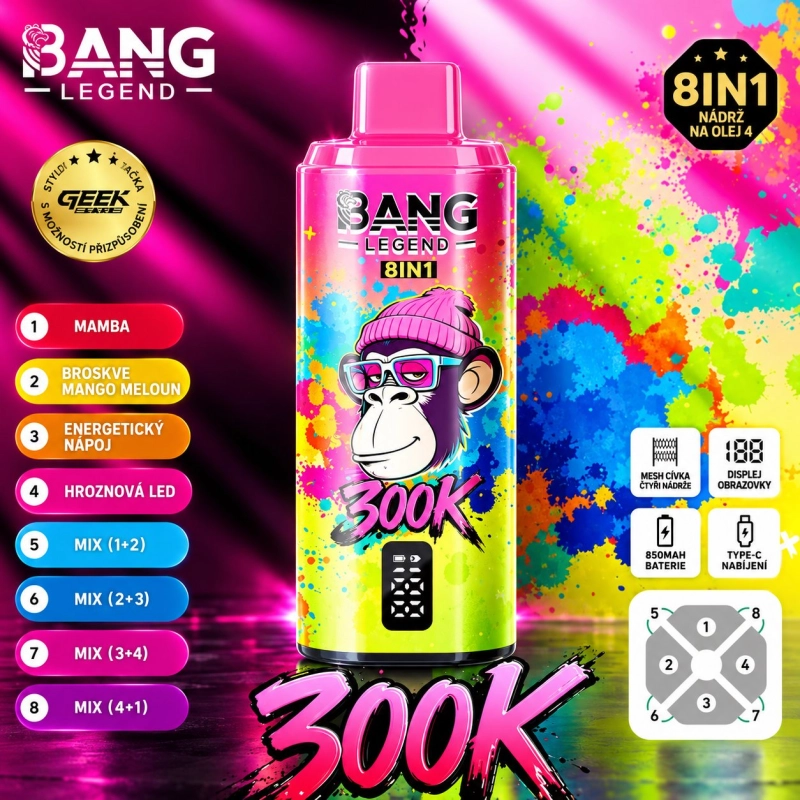 Přehled všech příchutí BANG LEGEND 300K 8v1 — 300 000 pufků, 8 příchutí v jednom zařízení