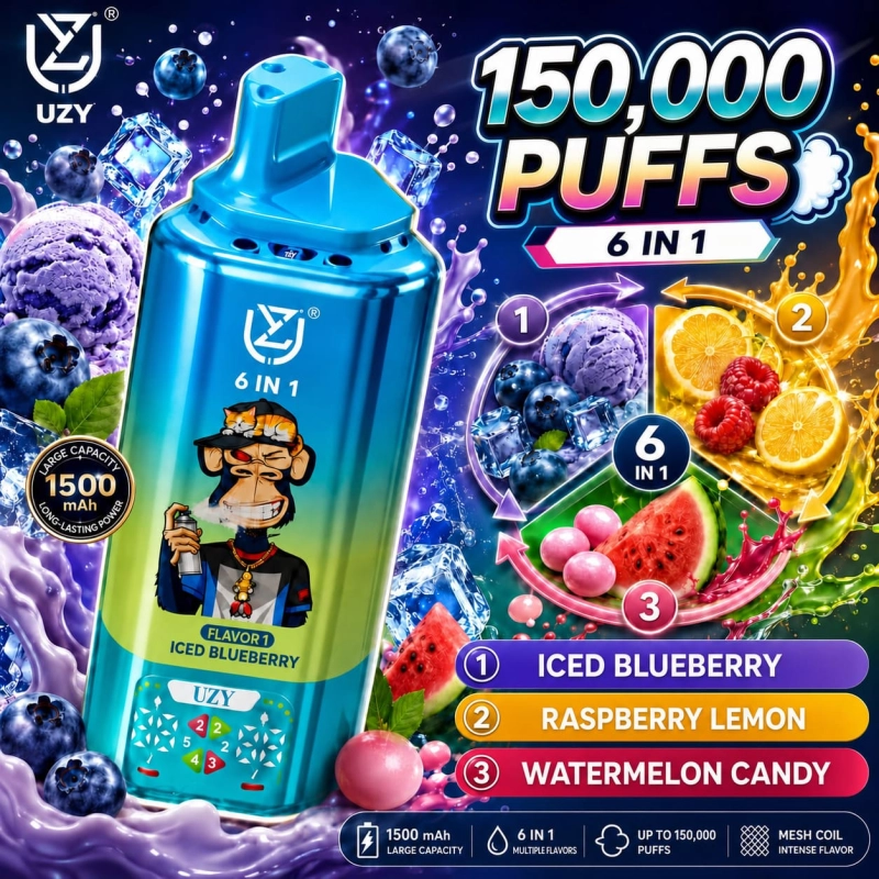 UZY 150K Puffs Blueberry Ice Raspberry Lemon Watermelon Bubble Gum flavor vape