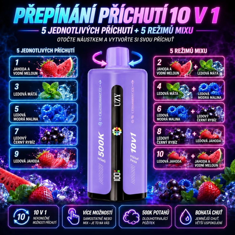 Mix příchutí UZY 10v1 – jahoda, meloun, malina ice a černý rybíz
