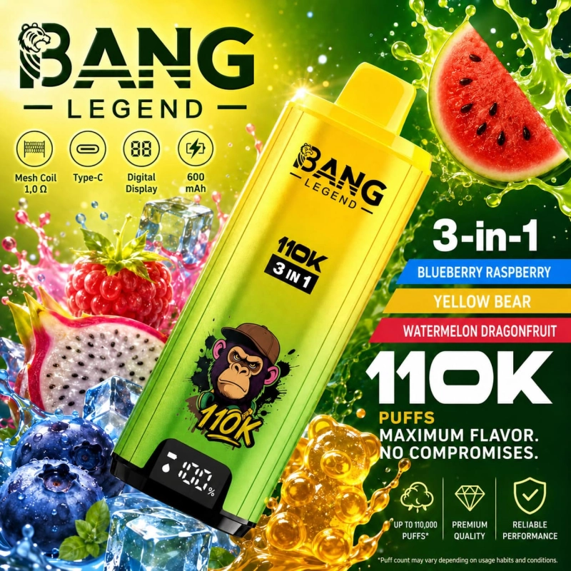 Bang Legend 110K 3-in-1 disposable vape – Strawberry Mango, Blueberry Peach and Watermelon Berries flavor set
