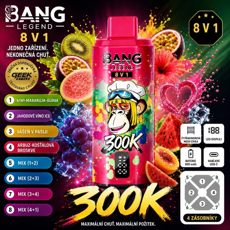 Bang Legend 300K 8 v 1 – kiwi, marakuja a guava, ledové hrozny, Passion Kiss a vodní meloun s kyselou broskví
