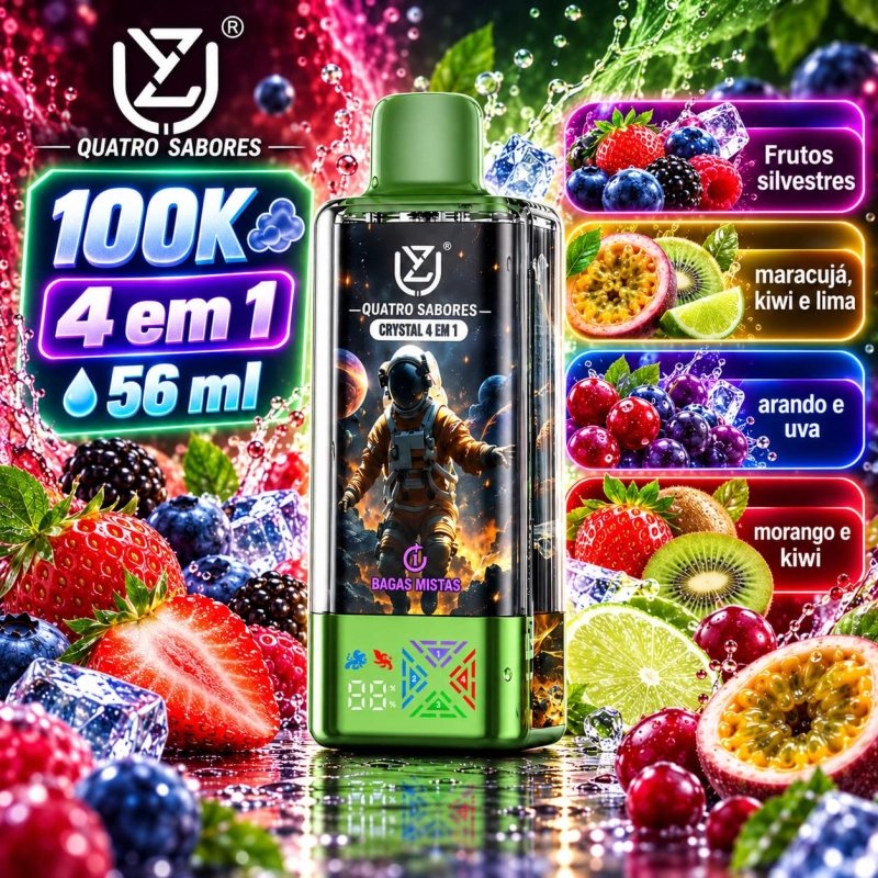 UZY Crystal 100.000 Puffs 4-em-1 vape descartável com sabores pêssego manga ananás e mirtilo, framboesa e limão, lima e melancia, pastilha elástica