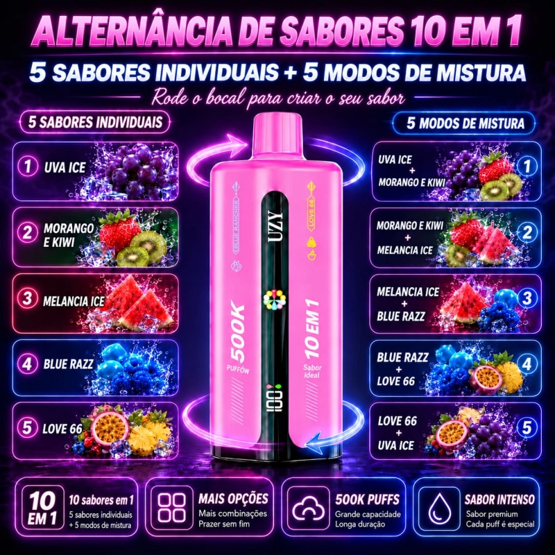 UZY Penta Flavor 500K com uva gelada, morango e kiwi, melancia gelada, Blue Rancher e Love 66.