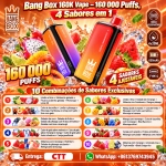 Bang Box 160.000 Puffs vape descartável recarregável 4 em 1 Portugal com 4 sabores, bateria USB-C e alta autonomia até 160k puffs