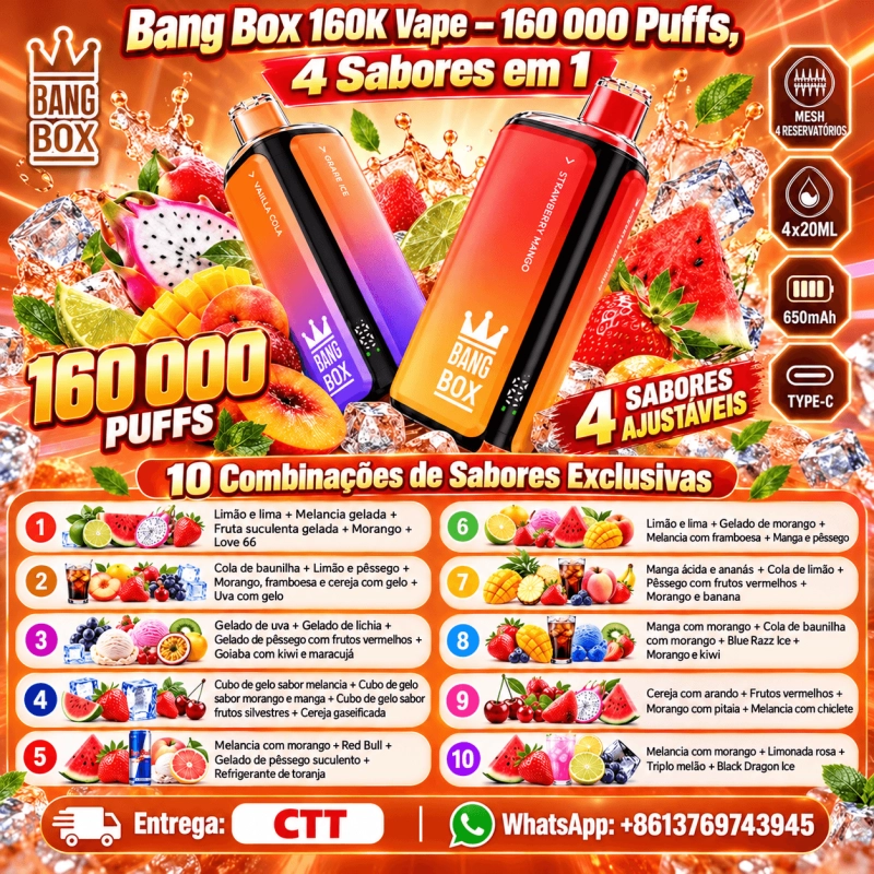 Bang Box 160.000 Puffs vape descartável recarregável 4 em 1 Portugal com 4 sabores, bateria USB-C e alta autonomia até 160k puffs