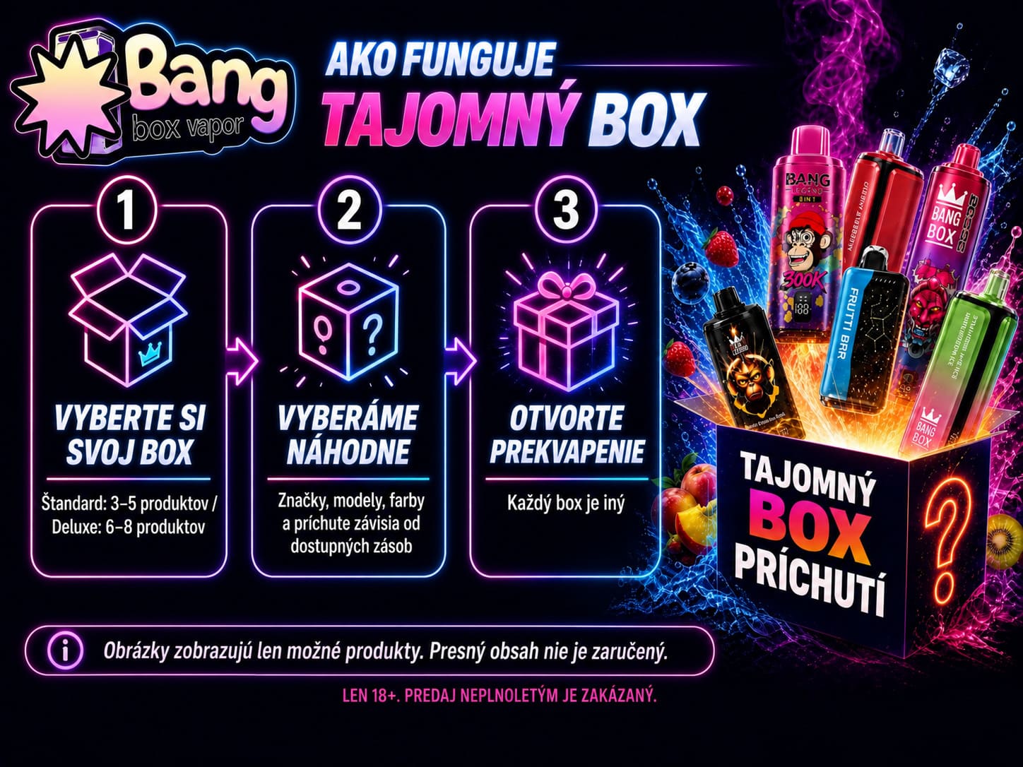 Ako funguje Bangbox-Vapor Tajomný box s náhodným výberom značiek, modelov, farieb a príchutí