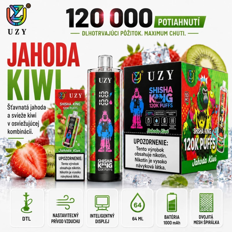 UZY Shisha Hookah King 120K DTL vape – príchuť jahoda a kiwi