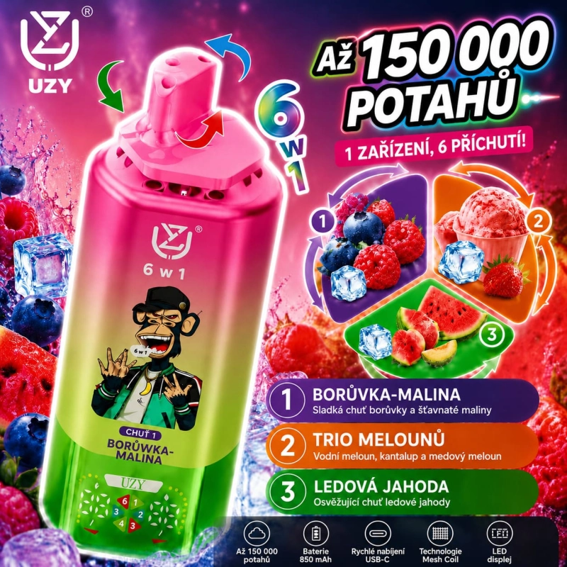 UZY 150K 6v1 jednorázová e-cigareta – Borůvka s malinou, Trojitý meloun, Ledová jahoda