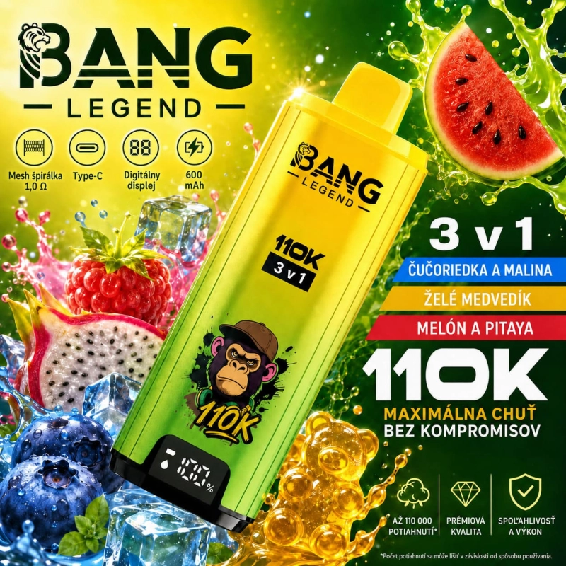 Bang Legend 110K Jednorazový Vape Čučoriedka-malina želatínový medvedík melón-pitaya