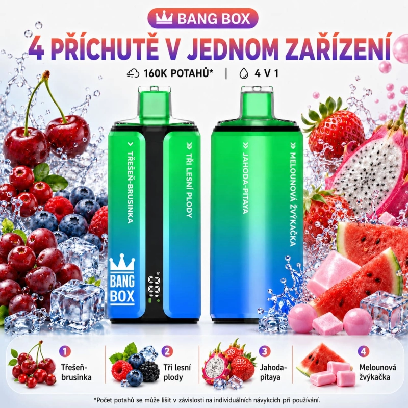 Bang Box 160 000 potahů 4v1 – Meloun s jahodou, růžová limonáda, trojitý meloun a Black Dragon Ice