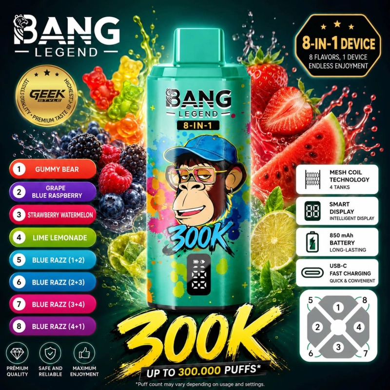 Bang Legend 300K 8-in-1 vape with Gummy Bear, Mixed Berries, Strawberry Watermelon and Lime Romance flavors