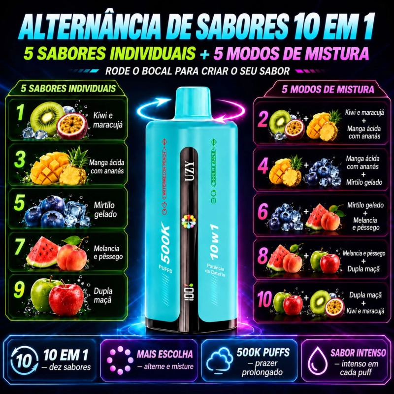 UZY Penta Flavor 500K com kiwi e maracujá, manga ácida e ananás, mirtilo gelado, melancia e pêssego e duas maçãs.